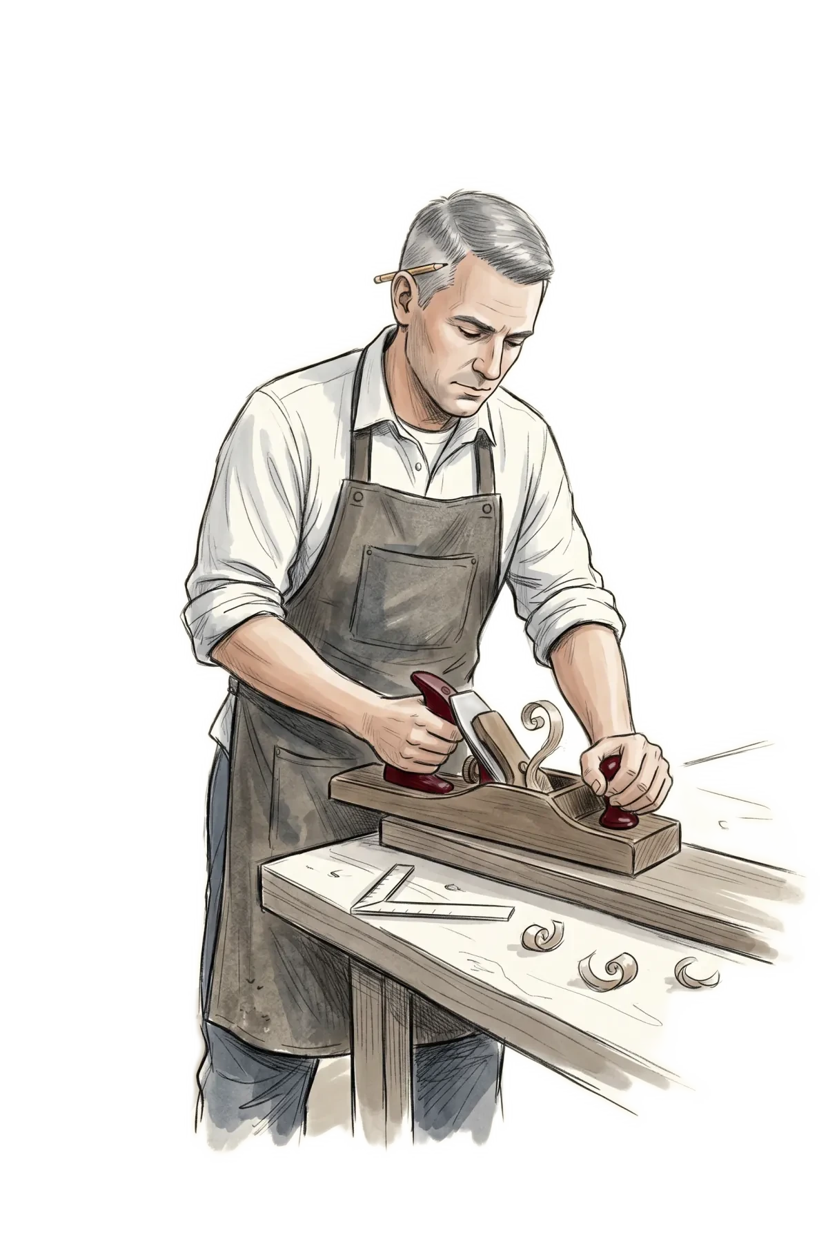 Carpenter planing wood with full focus
