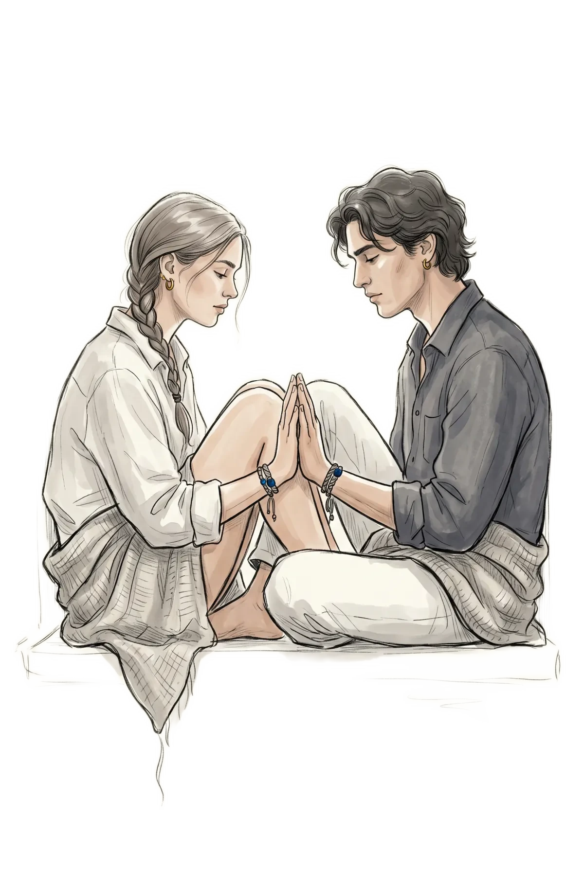 Couple sitting knee-to-knee, present with each other