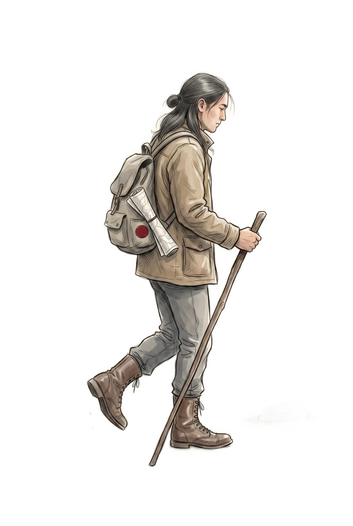 Pilgrim walking with a staff on a long journey