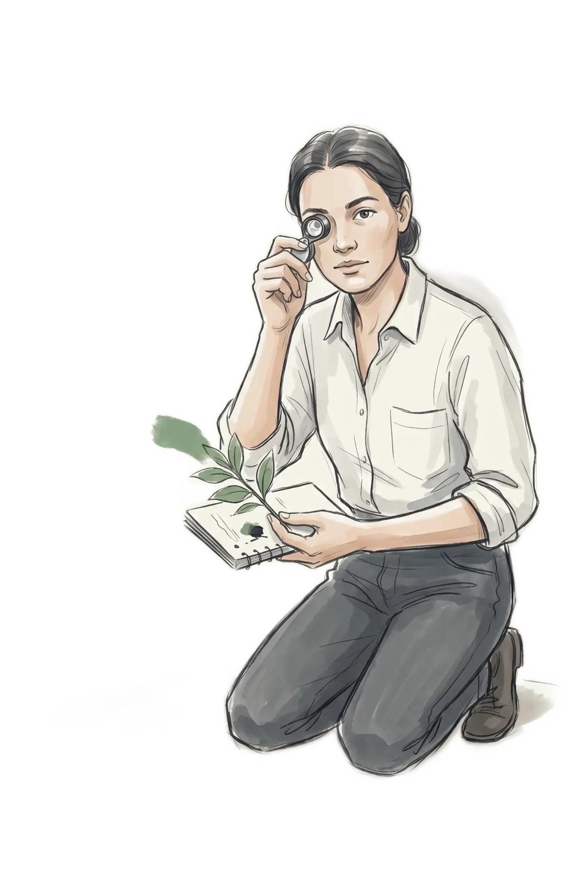 Woman examining a leaf with a magnifier