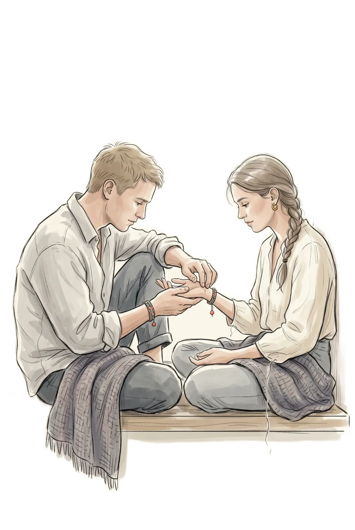 Couple tying a bracelet on each other