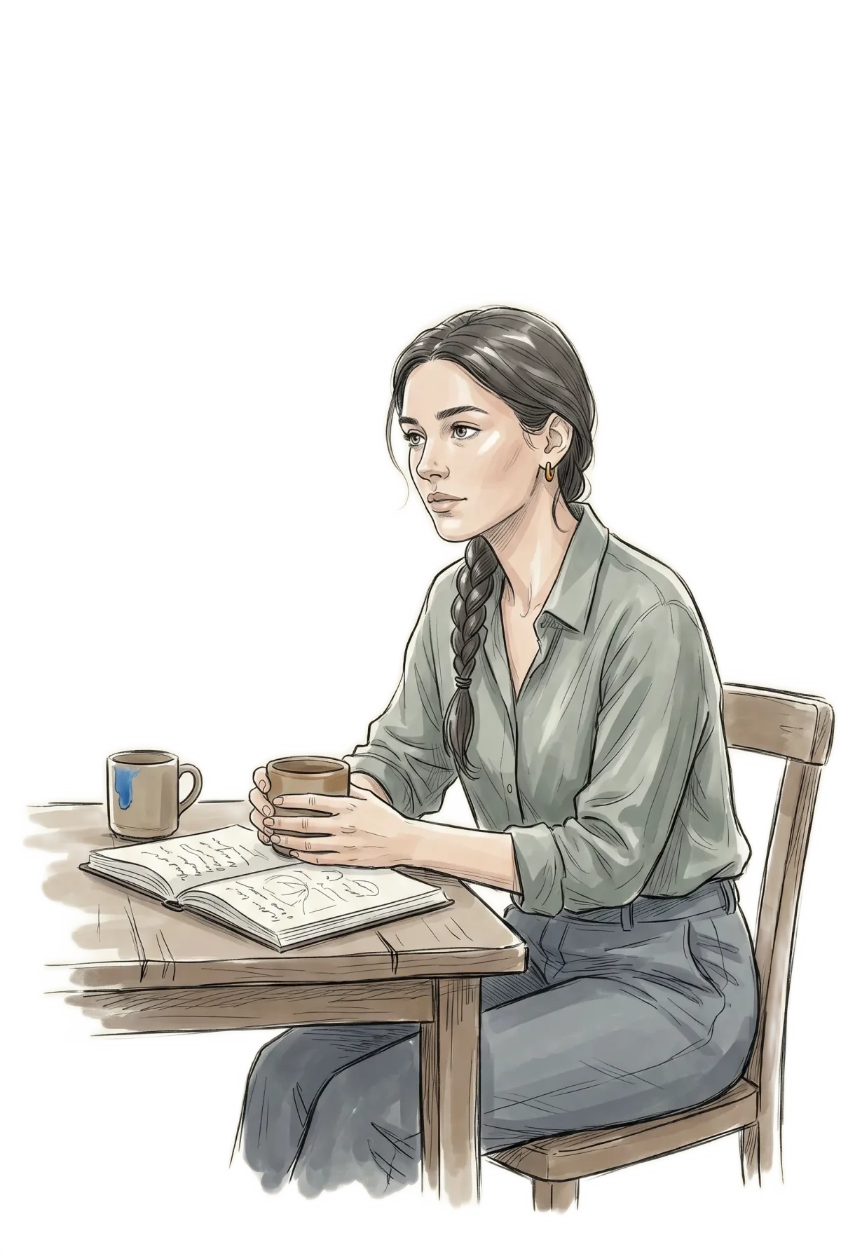 Woman at a cafe table, mug in hand, mid-thought